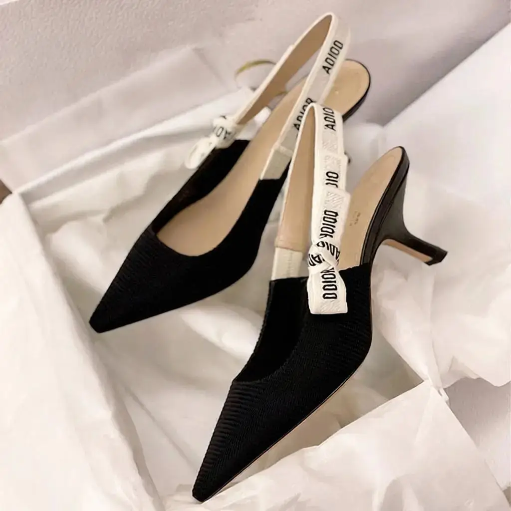 D Spring New Pointed Toe Shallow Mouth Kitten Heel Letter Sandals Embroidered Bow Elegant Lady High Heels Women's Kicksog.com